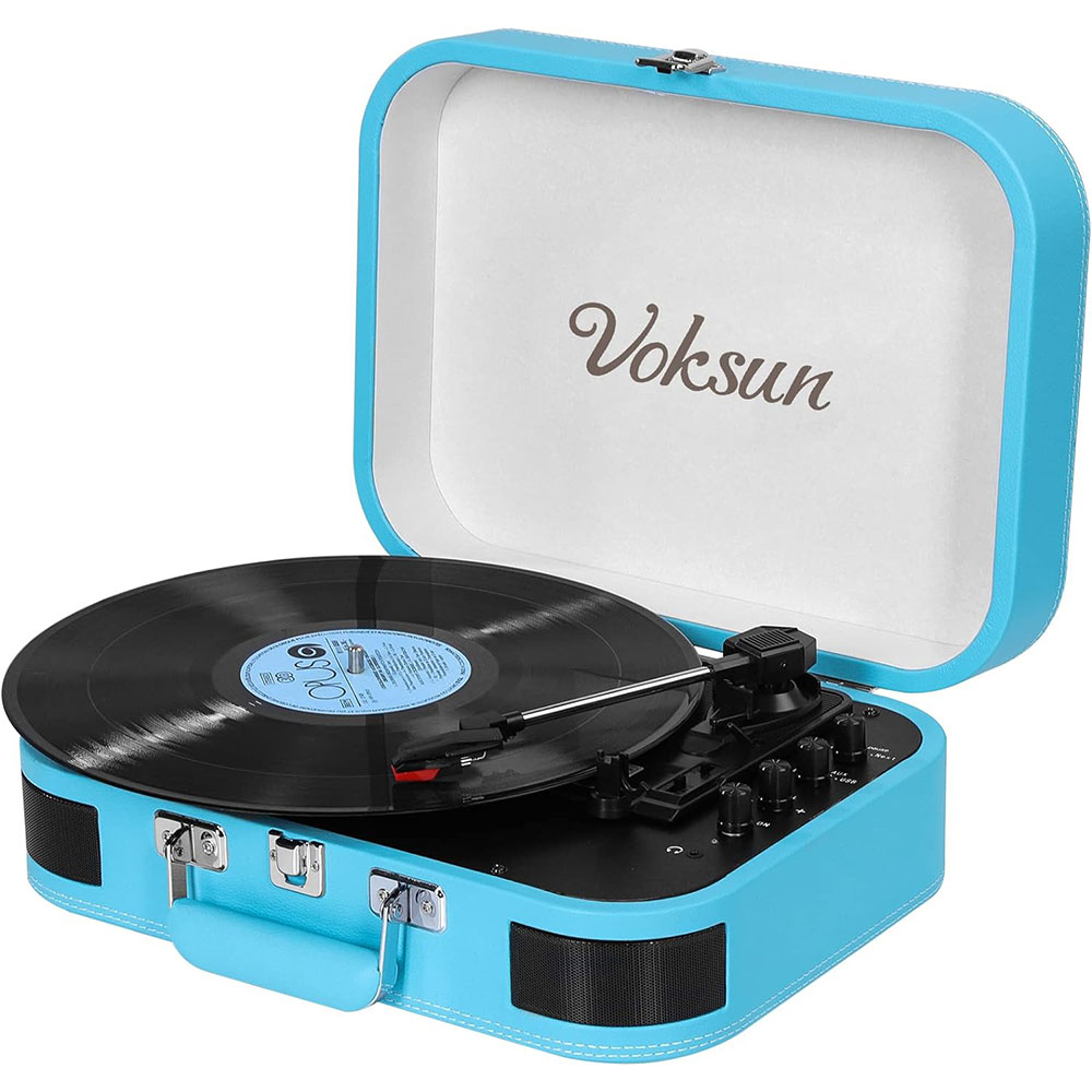 [해외] VOKSUN 레코드 플레이어 블루투스 최대 78분당 회전수 휴대용 내장 스피커 S300-3 블루