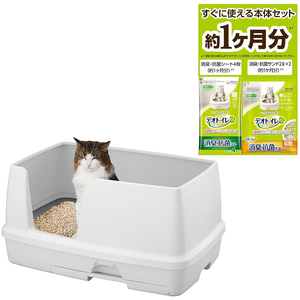 [해외] 유니참 데오토일렛 고양이용 화장실 와이드 본체 세트 (모래 시트 포함) 실키 화이트